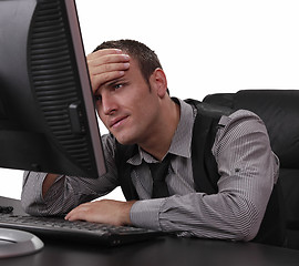 Image showing Unhappy Young Man in Front of the Computer
