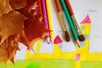 Image showing Children's drawing of house and autumn leaves