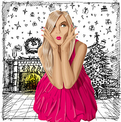 Image showing Vector Surprised Blonde in Pink Dress