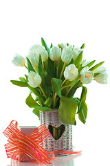 Image showing tulips in basket with heart and giftbox