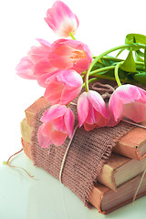 Image showing Pink tulips on old books