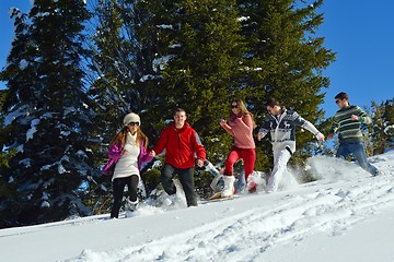 Image showing friends have fun at winter on fresh snow