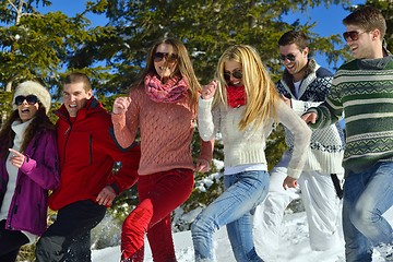 Image showing friends have fun at winter on fresh snow