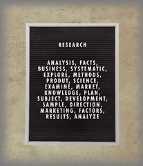 Image showing Research concept in plastic letters on very old menu board