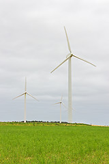 Image showing Wind turbines in a green field