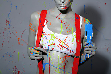 Image showing Female House Painter Splattered with Latex Paint