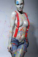 Image showing Female House Painter Splattered with Latex Paint