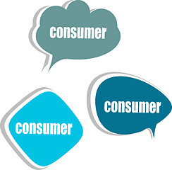 Image showing consumer word on modern banner design template. set of stickers, labels, tags, clouds