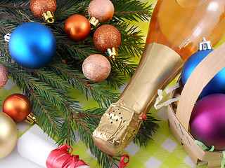 Image showing champagne bottle and christmas baubles, Merry Christmas and Happy New Year