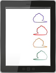 Image showing cloud computing concept with tablet PC downloading data. Sticker set on it