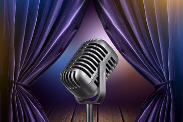 Image showing stage with open curtains and microphone