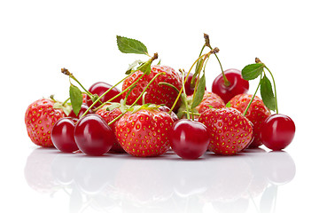 Image showing Red cherry with strawberry on white