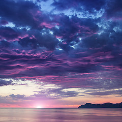 Image showing landscape with sea and mountains on sunrise