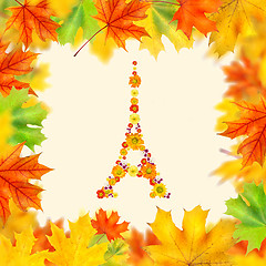 Image showing eiffel tower of flowers with autumn leaves frame