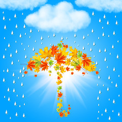 Image showing umbrella from autumn leaves under cloud and rain