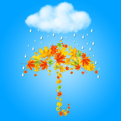 Image showing umbrella from autumn leaves under cloud and rain