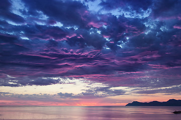 Image showing landscape with sea and mountains on sunrise