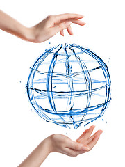 Image showing Globe from water with human hand isolated on white