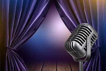 Image showing stage with open curtains and microphone