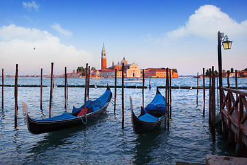 Image showing Gondolas and San Giorgio Maggiore church on Grand Canal in Venic