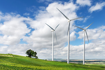 Image showing Wind generators turbines on summer landscape