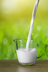 Image showing Milk pouring into the glass on nature background