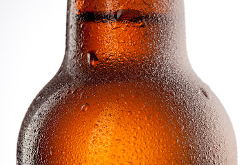 Image showing Beer bottle with water drops and frost isolated on white