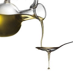 Image showing Pouring oil from jar on spoon isolated on white