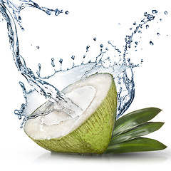 Image showing Green coconut with water splash isolated on white