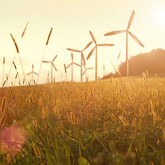 Image showing wind generator turbines on sunset