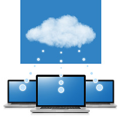 Image showing Cloud computing network concept. Notebooks linked with cloud iso