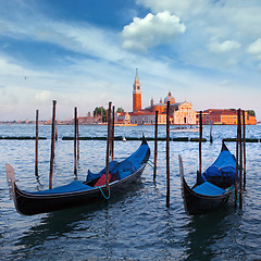 Image showing Gondolas and San Giorgio Maggiore church on Grand Canal in Venic