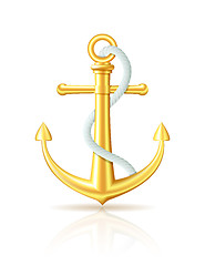 Image showing Gold anchor with rope on white background.