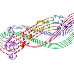 Image showing Colorful musical notes staff background on white.