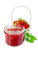 Image showing Jam strawberry with strawberries in a basket
