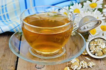 Image showing Herbal chamomile tea dry in a strainer with a glass cup