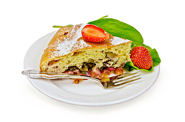 Image showing Pie with strawberry and sorrel on a plate with a fork