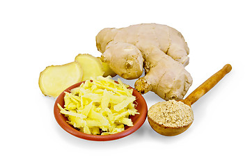 Image showing Ginger grated in a bowl with the powder in the spoon and root