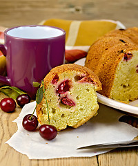 Image showing Cake with berries cherries and mug on the board
