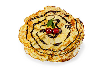 Image showing Pancakes with cherry and chocolate syrup in a circle