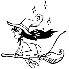 Image showing Vector illustration. Cute witch. Black outline sketch