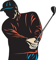 Image showing Golfer Swinging Club Woodcut Retro