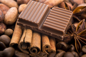 Image showing chocolate with coffee beans, spices and cacao