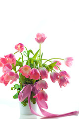 Image showing Beautiful pink tulips in white pot