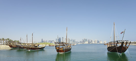 Image showing Panoramic dhows and Qatar skyline