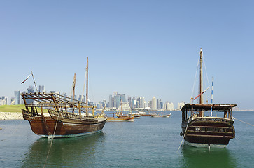 Image showing Historic dhows and doha skyline