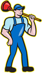 Image showing Plumber Holding Plunger Standing Cartoon