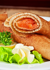 Image showing Pancakes with salmon