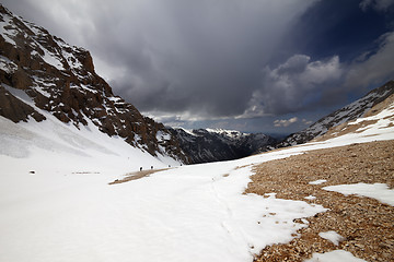 Image showing Group of hikers in snowy mountains