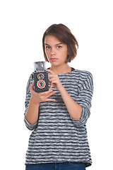 Image showing Lovely teenage girl with retro photo camera